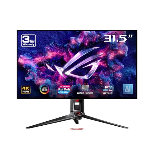 ASUS ROG Swift OLED PG32UCDP ゲーミングモニター – 31.5インチ OLED、デュアルモード(4K 240Hz&FHD 480Hz)、0.03ms、AIアシスタント、OLEDアンチフリッカー、カスタムヒートシンク、OLEDケア、Type-C(90W)、DisplayWidget Center。 90LM0A50-B01370