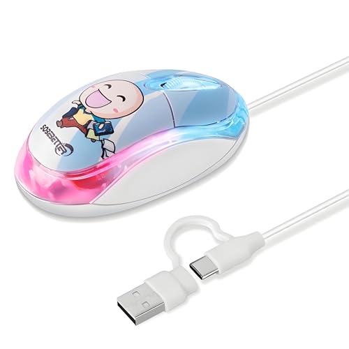 Umechaser 有線マウス USB-C/USB-A両対応 7色LEDライト 1000DPI 小型 左右対称 軽量 光学式 可愛い 操作簡単 ノートパソコン/PC/スマホ/タブレット対応 (ブルー) ALCM0837Y