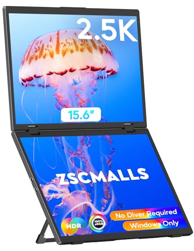 ZSCMALLS 2.5K デュアルモニター(Winsのみ)、トリプルノートパソコンスクリーンエクステンダー、15.6インチQHD折りたたみ式スタックポータブルデュアルモニター、USB Cトラベル拡張コンピューターディスプレイ、180°回転、ノートパソコン用プラグアンドプレイ。 S156Q01D