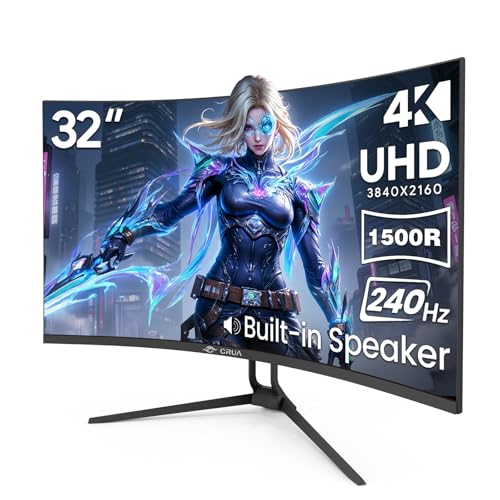 CRUA 32インチ 4K 湾曲ゲーミングモニター UHD 3840x2160 240Hz VAスクリーン 1500R FreeSync 120%sRGB 内蔵スピーカー PIP/PPP DP 1.4 & HDMI 2.1 チルト調整可能/壁取り付け可能 - ブラック CR320D