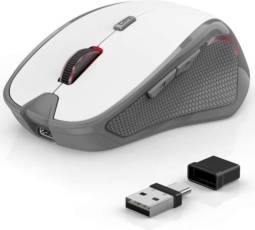 Azmall ワイヤレス Bluetooth マウス for MacBook, ラップトップ, iPad Air/Pro, 充電式サイレント光学マウス ジグラー機能搭載, Bluetooth 5.2/3.0 と 2.4G USB-A/USB-C レシーバー対応(白い)