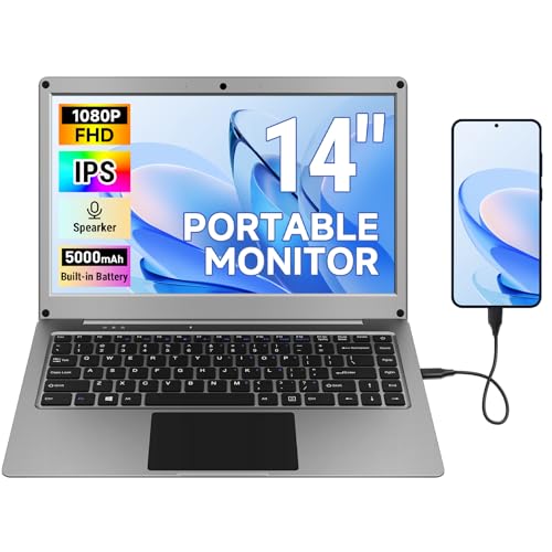 GrowCube キーボード付きポータブルモニター、14インチ 1080P FHD ラップドック Raspberry Pi/Mini PC/電話/PC/ゲームコンソール、CrowView Note内蔵バッテリー、RPi5アダプター付き(フルTypeC&HDMIケーブル付属)。