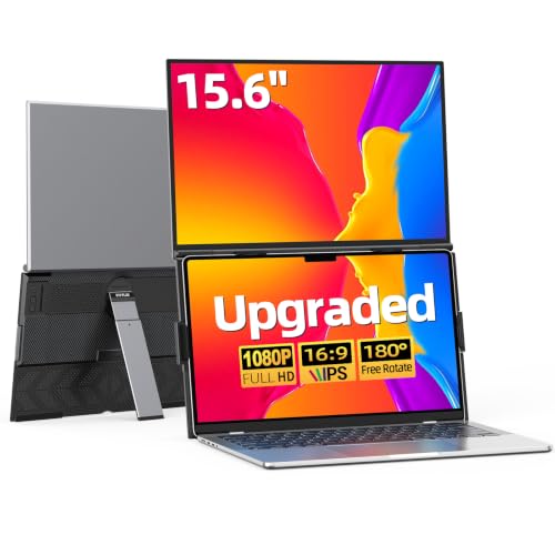 BreezyLife 15.6インチデュアルノートパソコンスクリーンエクステンダー - 超薄型スタック折りたたみ式ポータブルモニター、FHD 1080P USB-C/HDMIプラグアンドプレイ、13~17.3インチのMac/Windowsノートパソコン用の180°画面調整、仕事やゲームに最適 S15 PLUS