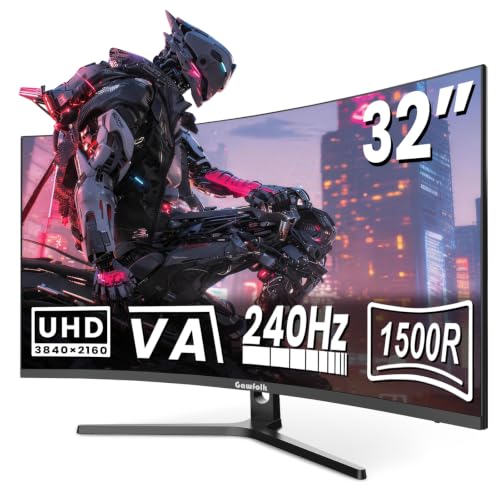 Gawfolk 32インチ 4K 240Hz 湾曲ゲーミングモニター UHD 3840 x 2160 コンピューター PC モニター スピーカー付き 1500R 1ms フレームレス アダプティブ同期 HDMI DisplayPort VESA チルト調整可能 GFTY981