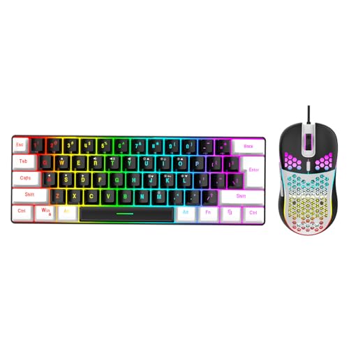 Jiawu 60% ゲーミングキーボードとマウスのコンボ、超コンパクト 61 キー RGB バックライト付きミニボード、PC ゲーム用有線照明ミング (黒センター白フレーム) Jiwjai961mzk-12