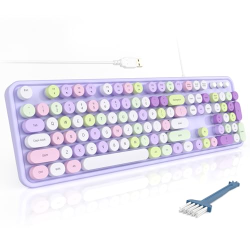 Mofii カラフル コンピューターキーボード 有線 かわいい フルサイズ キーボード タイプライタースタイル USBキーボード 折りたたみ式スタンド付き Windows ノートパソコン デスクトップ PC用 (パープルカラフル)