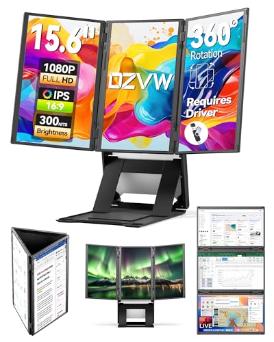 DZVW クアッドノートパソコンスクリーンエクステンダー 15.6インチ FHD 1080P クアッドモニター、3つのスクリーンを1つの巨大なキャンバスにまとめ、ケーブル1本でドライバーと電源が必要、Wins & Macに対応(M1/M2/ M3)
