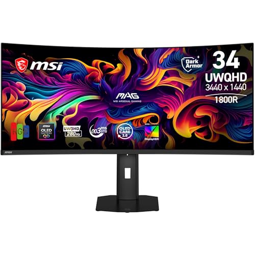 MSI QD-OLEDゲーミングモニター MAG 341CQP QD-OLED X28 34.18インチ/UWQHD/QD-OLED/280Hz/0.03ms（GTG）/1,800R/DisplayHDR True Black 500/Adaptive-Sync/HDMI 2.1/DP 1.4a/チルト・高さ調整/VESA100/メーカー3年保証 3DE3