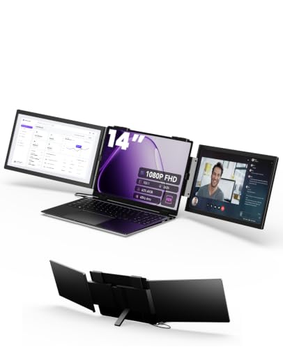 ZOOMEDIN モバイルモニター 14インチデュアル画面 ノートPC用 延長モニター 14-16インチ対応 フルHD 1080P IPS パネル デュアルディスプレイ 60-360°回転 画面共有 プレゼン用 ケーブル1本 接続簡単 Windows Mac (M1/M2/M3/M4)対応 軽量 収納バッグ付き ZD14A