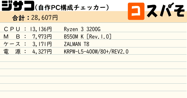 ジサコ！（自作PC構成チェッカー） ～見積もりから構成チェックまでお任せ～ [ Ryzen 3 3200G | メモリ：合計0GB | 電源:400W  ] 28,384円