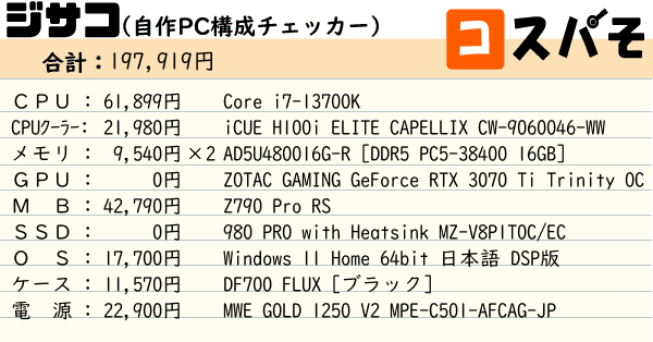 ジサコ！（自作PC構成メーカー） [ Core i7-13700K | メモリ：16GB×2枚